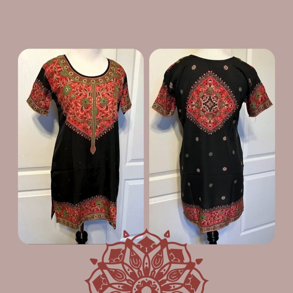 Silk Kurti / Kurta ♡ Black w Red, Green & Gold Mandala Pattern